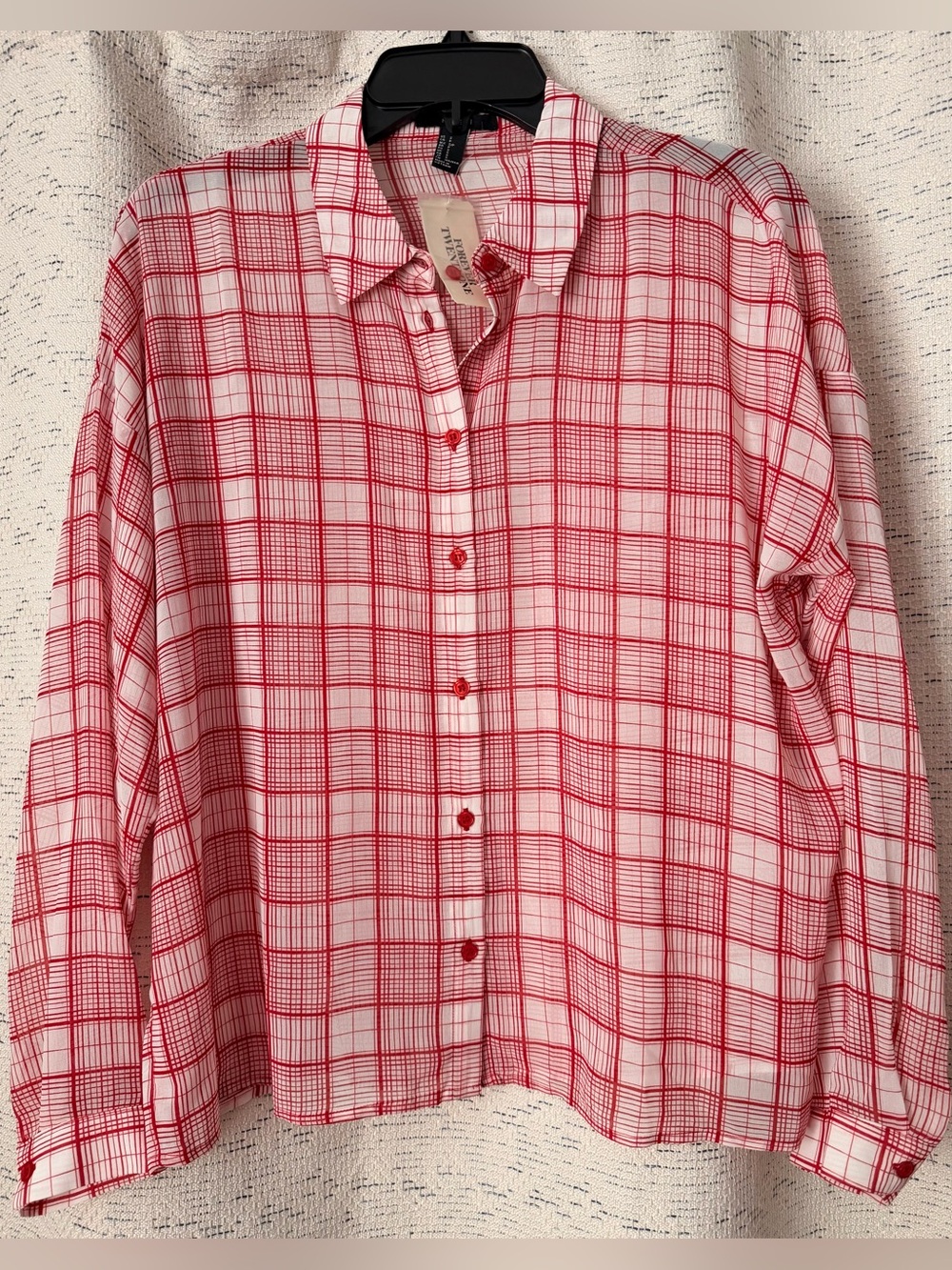 Forever 21 Red White Grid Plaid Button Down Blouse Top